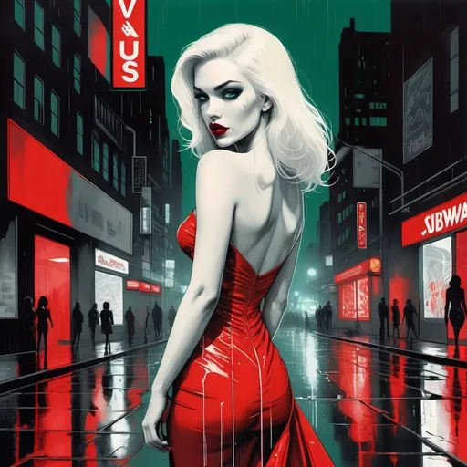 Prompt: A monochromatic neo-noir cityscape dominated by stark blacks and brilliant whites, rendered in harsh contrast. In the foreground, a striking woman with crimson red lips and matching nail polish stands confidently, her platinum blonde hair gleaming like white fire against the darkness. Her signature red dress cuts through the black and white scene like a wound, while everything else remains desaturated. Behind her, neon signs bleed electric blue and violent red into puddles on the rain-soaked streets. Glass shards scattered around her stilettos catch and reflect the colored lights. Her emerald green eyes pierce through the darkness - the only color in her face besides those blood-red lips. Steam rises from subway grates in pure white wisps, creating a dramatic halo effect. The background architecture is a maze of sharp angles and deep shadows, with selective yellow highlights from distant windows cutting geometric patterns through the gloom. A single red rose lies crushed in the gutter, its color matching the woman's dress and lips perfectly while everything else remains in dramatic black and white.