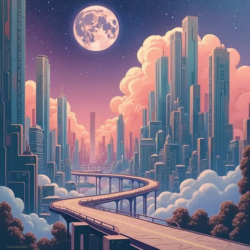 Prompt: a painting of a city with a bridge and a sky background with stars and clouds and a moon in the sky, Chris LaBrooy, retrofuturism, sci fi, an art deco painting