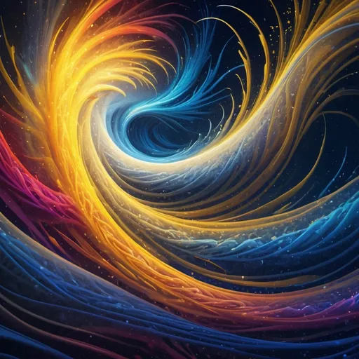 Prompt: (HD image of light) (traversing) through breathing (entropic elemental dust), showcasing swirling patterns and vibrant colors, (dissipating hues of gold, silver, and blue), with a dynamic flow, creating Waver of intricate elements contrasting a yellow surface and ambient glow highlighting particles in a dreamy, ethereal setting. Background should enhance mysticism, with soft light beams breaking through, evoking a sense of wonder and intrigue.