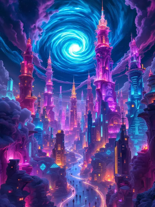 Prompt: "A pulsating, retro-futuristic night sky arches above an organically grown tower city ablaze with neon light, kaleidoscopic color, and otherworldly, dream-like sci-fi details.