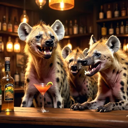 Prompt: two hyenas with oremiminiscing and loughing at each while drinking rum at the bar