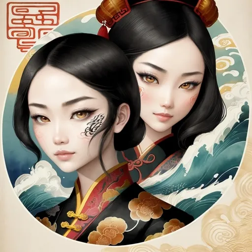 Prompt: A poster of a Chinese-style beauty's face, featuring colorful cartoon patterns, ink and wash paintings, and sea wave elements in the background, creating a mysterious atmosphere, with calligraphy characters at the top. It is a close-up portrait with an extremely delicate texture. The facial features have clear details, high-contrast colors, a strong visual impact, and complex textures, all set against a backdrop of .