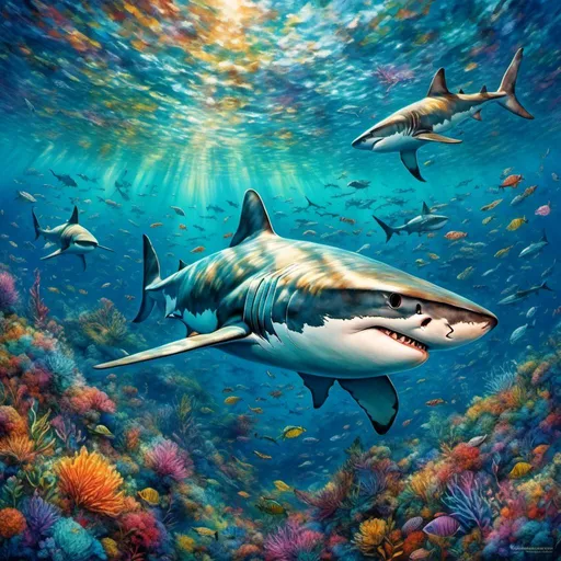 Prompt: <mymodel>(hyper-realistic white shark), fiercely hunting for fish, swimming through the shimmering turquoise bay, (dynamic action) capturing the thrill of the ocean, soft sunlight filtering through the water, creating glimmering reflections, surrounded by schools of colorful fish, detailed underwater flora swaying gently, (ultra-detailed, vibrant colors) with a refreshing atmosphere, emphasizing the raw beauty of the ocean ecosystem.