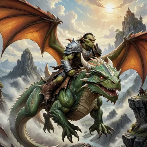 Prompt: (Orc riding a fierce dragon), fantastical scene, majestic dragon soaring through the clouds, detailed scales shimmering in sunlight, rider clad in armor, exhilarating sense of adventure, breathtaking aerial view of a vibrant landscape below, dramatic lighting, vivid colors, high-energy atmosphere, expansive sky, cinematic and grandiose, (ultra-detailed), fantasy art style.