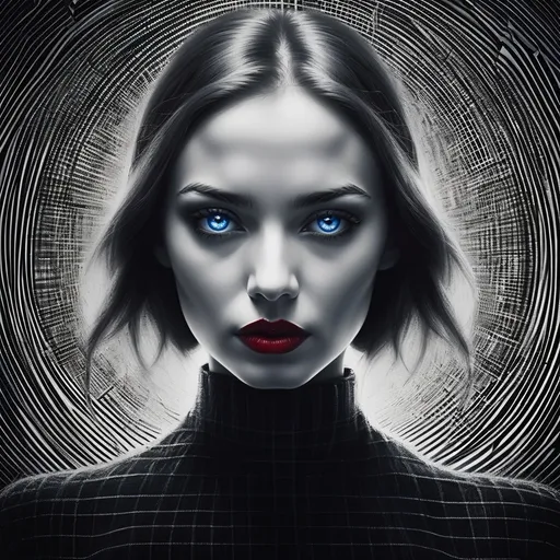 Prompt: Monochrome portrait: enigmatic woman, piercing blue eyes, crimson lips. Centered in surreal checkered orb. Stark contrasts, ethereal shadows. Hyper-detailed, visionary composition merges reality and illusion. Cinematic allure, emotional depth. A mesmerizing visual symphony blending art and optical intrigue.