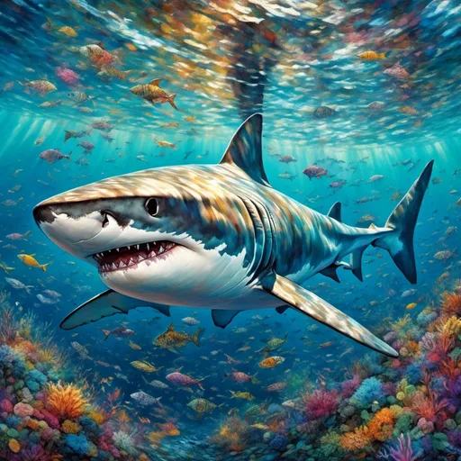 Prompt: <mymodel>(hyper-realistic white shark), fiercely hunting for fish, swimming through the shimmering turquoise bay, (dynamic action) capturing the thrill of the ocean, soft sunlight filtering through the water, creating glimmering reflections, surrounded by schools of colorful fish, detailed underwater flora swaying gently, (ultra-detailed, vibrant colors) with a refreshing atmosphere, emphasizing the raw beauty of the ocean ecosystem.