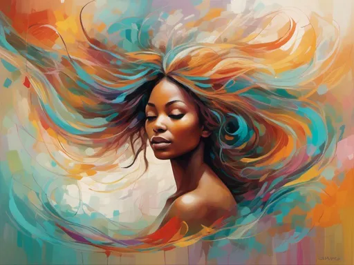 Prompt: <mymodel>Abstract representation of a (delicate African Latin woman), intricate hair gradients with swirling patterns, soft pastel color palette, ethereal ambiance, high detail, dynamic abstract elements, flowing shapes, graceful lines, multi-layered textures, visually captivating composition, (vibrant), creates a sense of organic movement, ultra-detailed, striking contrast between colors, harmonious blend of styles and influences.