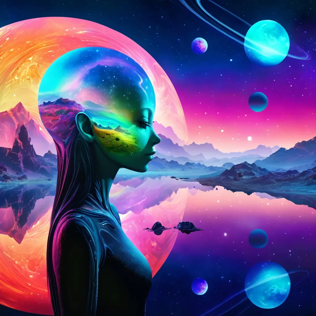 Prompt: Double exposure. Side profile portrait of a beautiful alien woman. a colorful alien planet with huge moons reflected in the water in the valley