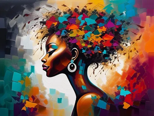 Prompt: abstract woman, (delicate African style), (intricate hair gradients), vibrant colors, (multiple abstract elementabstract woman, (delicate African style), (intricate hair gradients), vibrant colors, (multiple abstract element<mymodel>s), bold patterns, dynamic shapes, sophisticated textures, high depth, artistic composition, captivating atmosphere, (blending cultural styles), harmonious color palette, visually striking, 4K, ultra-detailed visuality.