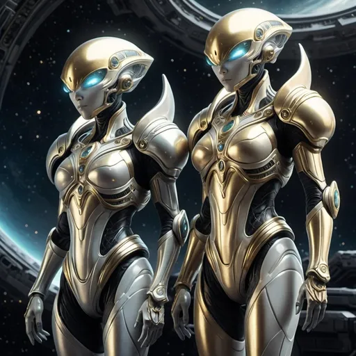 Prompt: (anime style), (muted color scheme), gold and silver plated alien armors, multiunit space armies, embodying power and ambition, celestial background, ethereal atmosphere, intricate designs, low-key lighting, high-quality, captivating details, dreamlike surrealism, sci-fi theme, imaginative concepts, vast outer space scenery, awe-inspiring visuals.