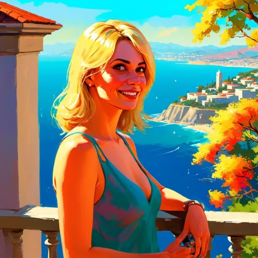 Prompt: GTA V cover art, blonde woman (impressionist artwork), a woman holding an uzi at the viewpoint, on a balcony, (joyful expression), overlooking a turquoise sea, vibrant colors, serene atmosphere, beautiful景色, lush Mediterranean vines, sunlight filtering through leaves, soft brush strokes, high depth cinematic masterpiece, brings peace and contentment, inviting ambiance, warm and inviting tones, ultra-detailed.