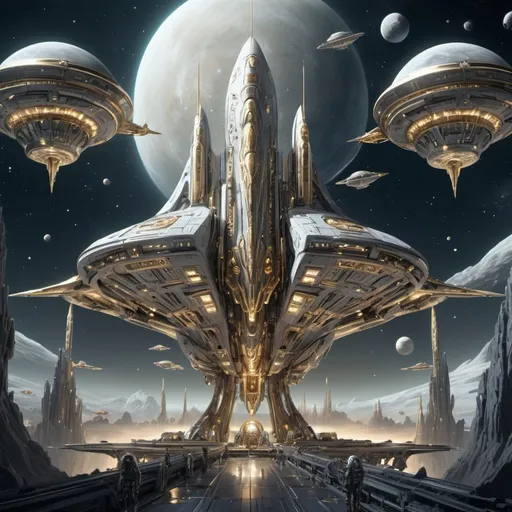 Prompt: (anime style), (muted color scheme), gold and silver plated spaceships, multiunit space armies, embodying strange weird ambitions, celestial background, ethereal atmosphere, intricate designs, low-key lighting, high-quality, captivating details, dreamlike surrealism, sci-fi theme, imaginative concepts, vast outer space scenery, awe-inspiring visuals.