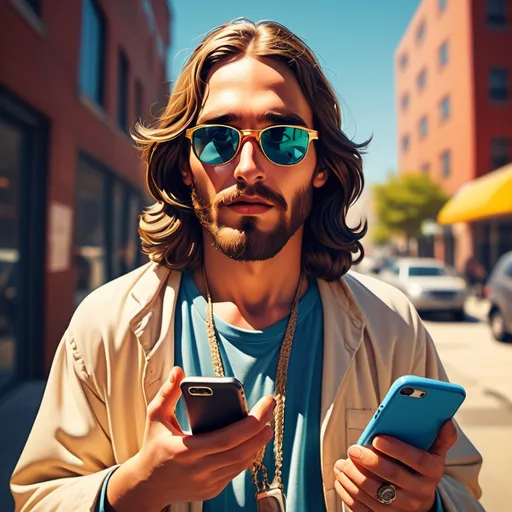 Prompt: (Jesus with sunglasses holding a phone), (hipster fashion), modern urban setting, casual yet stylish attire, vibrant colors, playful vibe, detailed facial features, relaxed expression, outgoing pose, warm sunlight illuminating the scene, high contrast shadows, ultra-detailed, creative illustration, contemporary twist on traditional imagery, engaging and fun atmosphere.