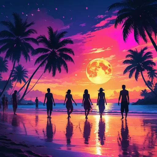 Prompt: photo-silhouette style, (vibrant colors), (Thai full moon party), lively atmosphere, beach setting, dancing crowds, tropical night, festive decorations, beautiful palm trees, moonlit ocean, warm tones, detailed tropical landscape, energy and joy, (high quality), (ultra-detailed), celebration vibes, immersive experience, dynamic scene, cheerful ambiance.