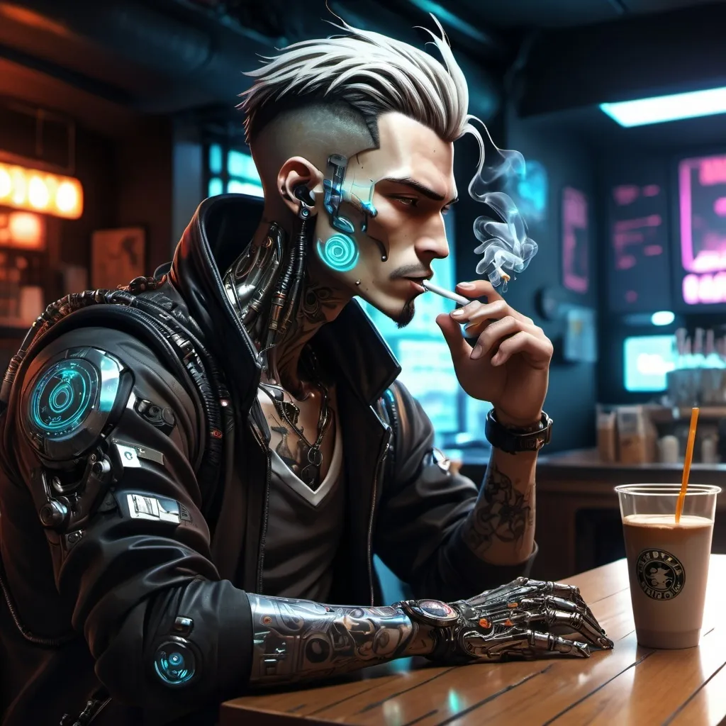 Prompt: Anime cyberpunk style, a man in a coffee shop, smoking substance while enjoying his drink, highly detailed, intricated cyberware HD, dark background, visual spectacle
