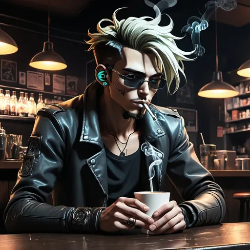 Prompt: Anime cyberpunk style, man in a coffee shop, smoking substance while enjoying his drink, highly detailed, HD, dark background