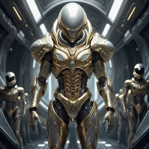 Prompt: (anime style), (muted color scheme), gold and silver plated alien armors, multiunit space armies, embodying power and ambition, celestial background, ethereal atmosphere, intricate designs, low-key lighting, high-quality, captivating details, dreamlike surrealism, sci-fi theme, imaginative concepts, vast outer space scenery, awe-inspiring visuals.