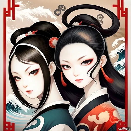 Prompt: A poster of a Chinese-style beauty's face, featuring colorful cartoon patterns, ink and wash paintings, and sea wave elements in the background, creating a mysterious atmosphere, with calligraphy characters at the top. It is a close-up portrait with an extremely delicate texture. The facial features have clear details, high-contrast colors, a strong visual impact, and complex textures, all set against a backdrop of .