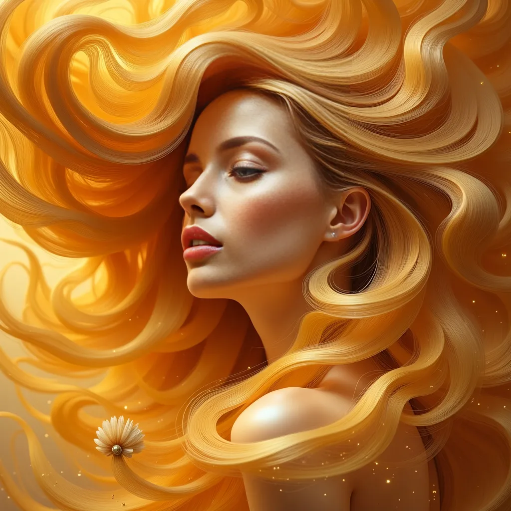 Prompt: Girl with (golden woven hair), intricately connected to a (rich golden background), ethereal glow, soft, delicate textures, luxurious details, luminous highlights, warm ambiance, dreamy and enchanting atmosphere, ultra-detailed, high-resolution, 4K, capturing the essence of elegance and beauty, showcasing a harmonious blend of the subject and background.