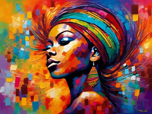 Prompt: abstract woman, (delicate African style), (intricate hair gradients), vibrant colors, (multiple abstract elementabstract woman, (delicate African style), (intricate hair gradients), vibrant colors, (multiple abstract element<mymodel>s), bold patterns, dynamic shapes, sophisticated textures, high depth, artistic composition, captivating atmosphere, (blending cultural styles), harmonious color palette, visually striking, 4K, ultra-detailed visuality.