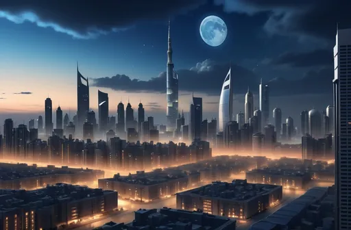 Prompt: a city skyline with a lot of tall buildings at night time with a blue sky and clouds in the background, Altoon Sultan, hurufiyya, city background, a detailed matte painting