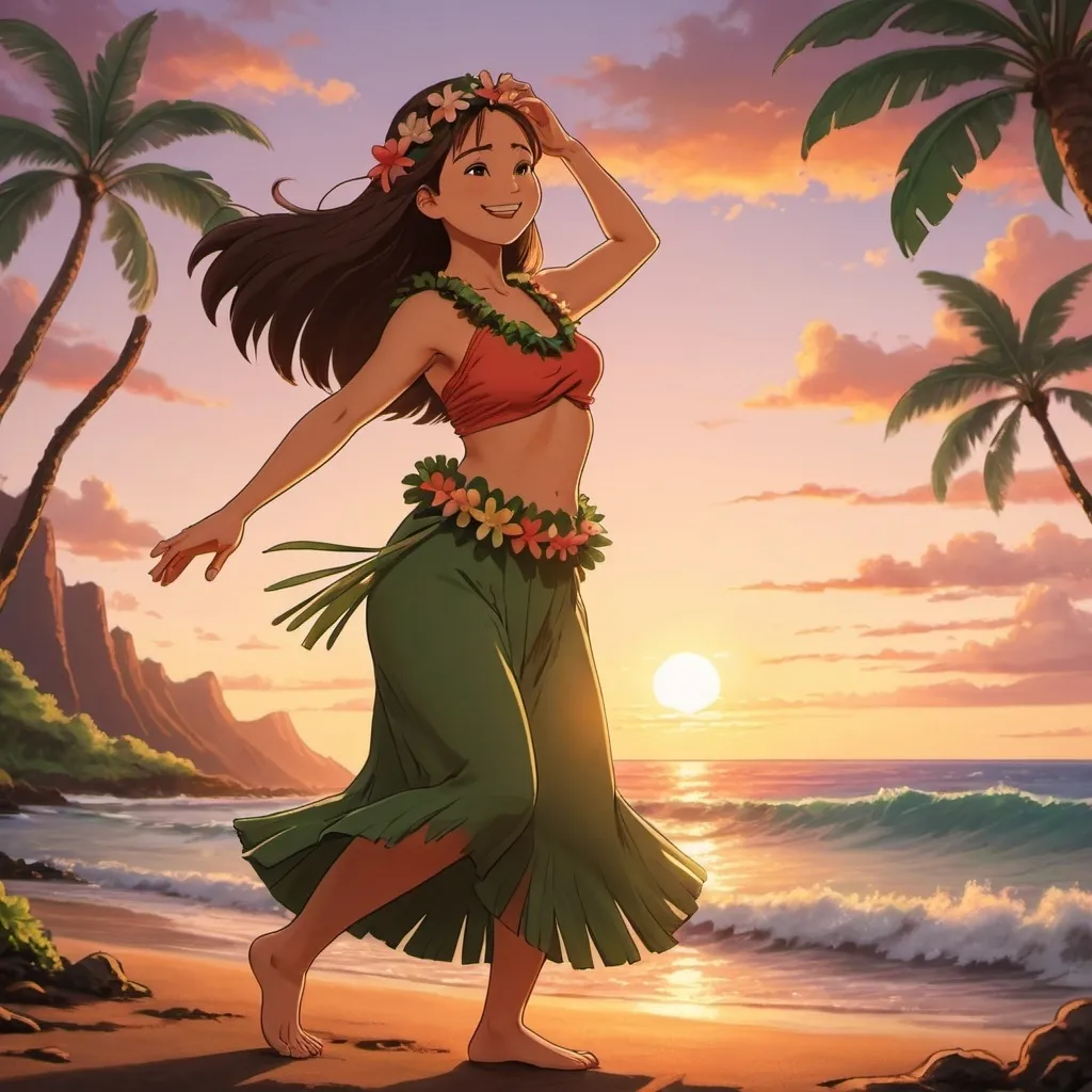 Prompt: A hula girl dancing in hawaii ghibli style. There is a nice sunset behind her
