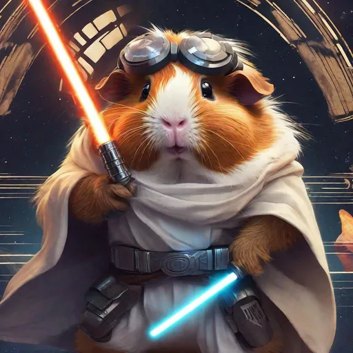 Prompt: digital illustration of a guinea pig as a Star Wars character, high-quality rendering, cute and detailed characters, sci-fi, fantasy, lightsabers, iconic costumes, dynamic action pose, vibrant and dramatic color tones, heroic lighting, professional digital art, cute, detailed fur, fan art
