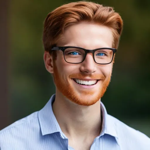 Prompt: a photo realistic head shot of a male smiling with auburn hair, large framed glasses, blue eyes, thin build.
