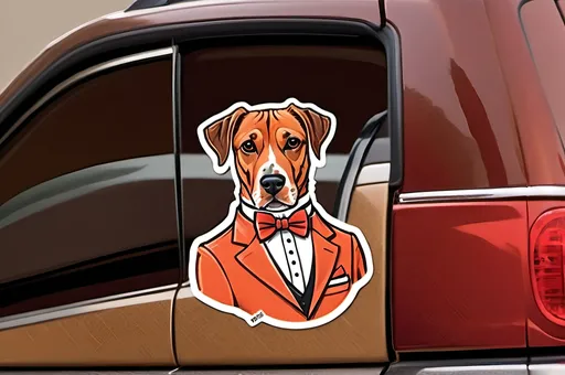 Prompt: Illustration OF DOG DRESSED AS GROOMSMAN FOR THEIR PEOPLE Mom and Dad dog is red mountain cur dogs