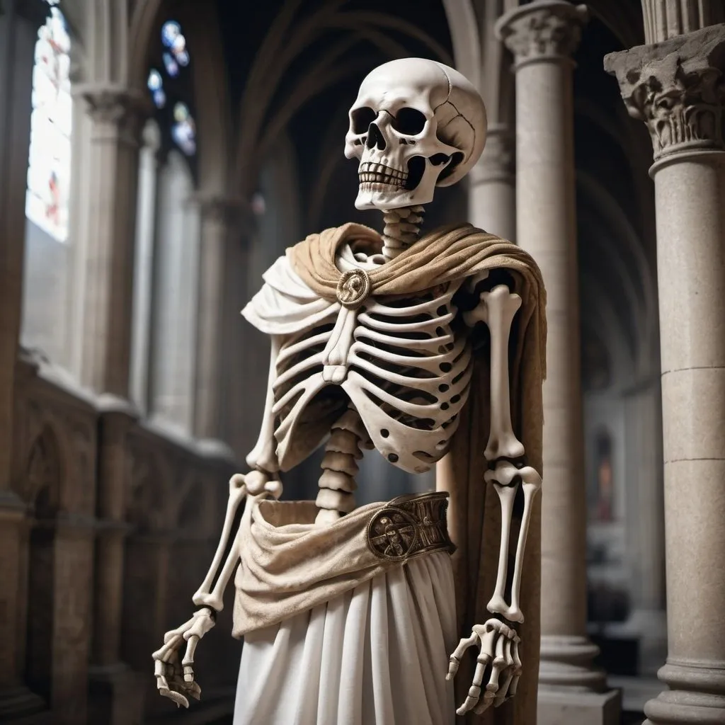 Prompt: Horror skeleton wearing a roman toga in a cathedral  background. side view