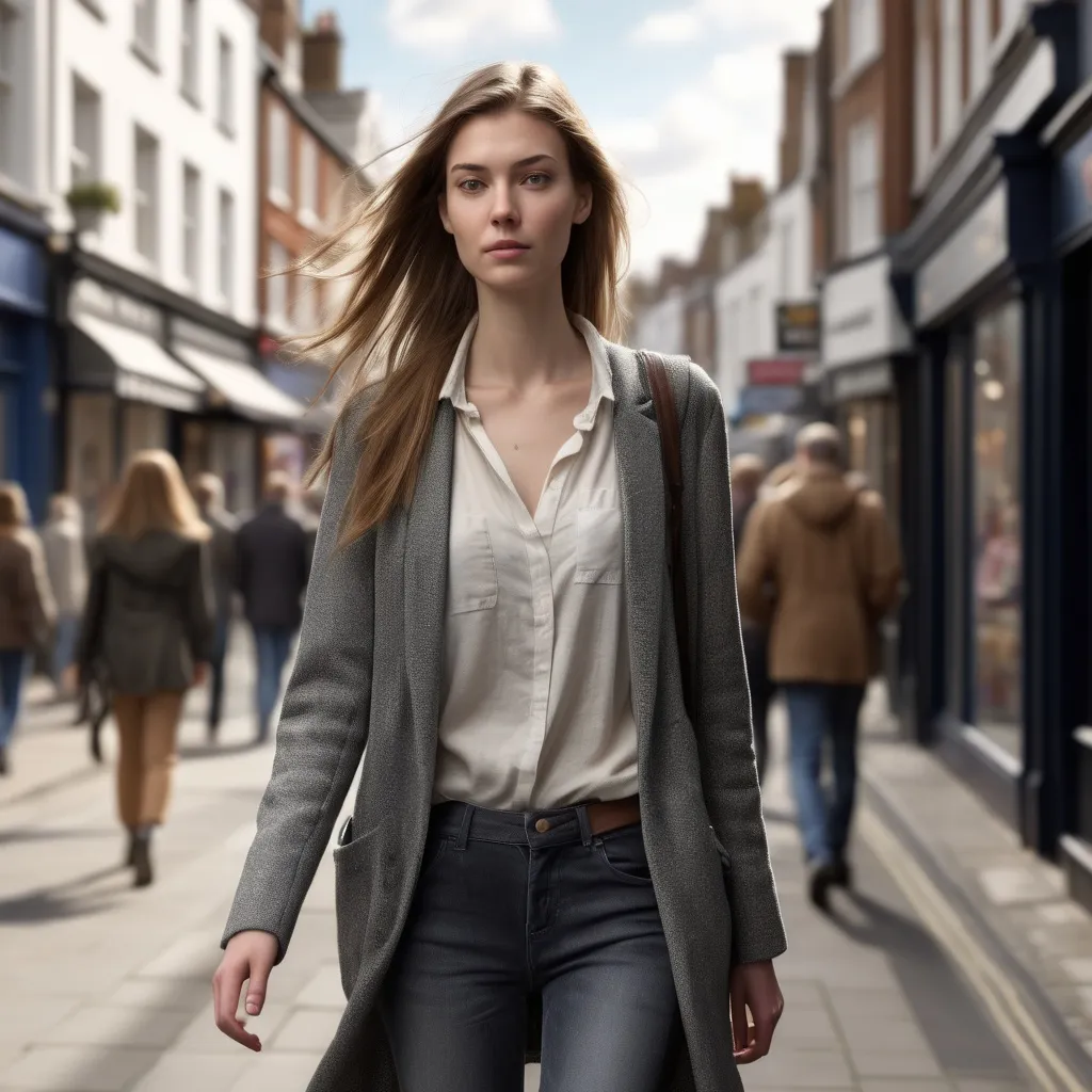 Prompt: Tall young woman walking down the high street, detailed clothing, realistic, natural lighting
