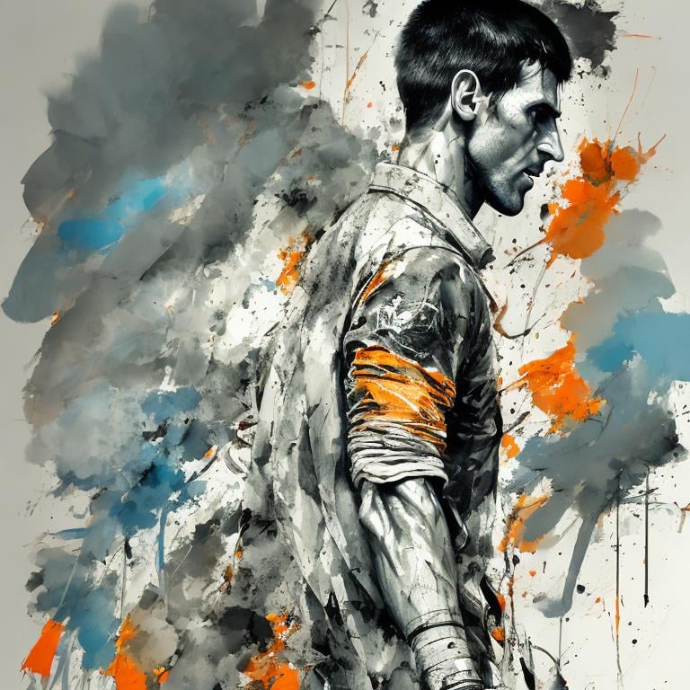 Prompt: Full photo shot of a Novak Djokovic  , yoji shinkawa style, jean-baptiste monge, general plan, central composition, entirely on a sheet, ink painting, expressive painting, watercolor, bold brushstrokes, concept art, cinematic lighting, orange, (blue:1.3), gray and white, stylize, intricate detail, 8k, transparent background, (white background:1.4), 3d vector



