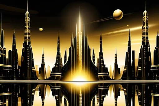 Prompt: Black and Gold Extraterrestrial City hitech cyber themes, 
