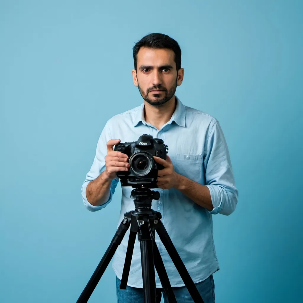 Prompt: A man standing behind the camera isolated in blue