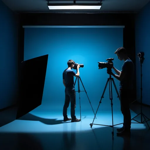 Prompt: A man standing behind the camera isolated in blue