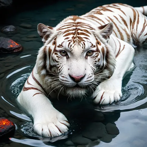 Prompt: A white tiger swimming in the river of magma