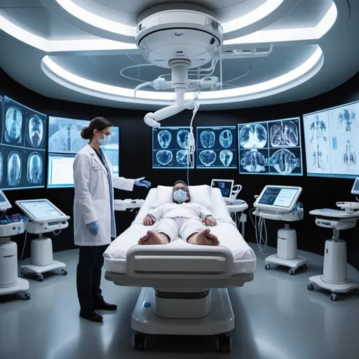 Prompt: A physician stands in the center of a futuristic medical facility, surrounded by advanced AI tools and technology. The room is sleek and brightly lit, with holographic displays flickering in the background. The physician wears a white lab coat adorned with sensors and futuristic medical devices.

In front of the physician, a patient lies on a state-of-the-art medical bed, connected to various monitoring systems and IV drips. The patient appears calm and reassured, trusting in the expertise of the physician.

The physician is deeply focused, interacting with a transparent holographic interface projected in front of them. With precise hand gestures, they manipulate virtual data and medical imaging scans, seamlessly integrating AI algorithms into their diagnostic process.

Behind the physician, a large monitor displays real-time data analytics and predictions generated by AI algorithms, assisting in treatment planning and decision-making. The room buzzes with the soft hum of AI assistants and robotic aides, working in harmony with the human medical team.

In the background, we catch glimpses of cutting-edge medical equipment and robotic arms performing intricate surgical procedures under the guidance of AI algorithms. The atmosphere is one of innovation and collaboration, where human expertise and artificial intelligence converge to provide the best possible care for the patient.