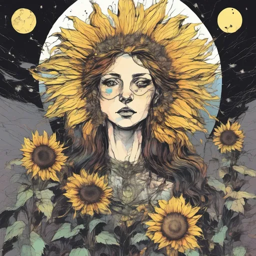 Prompt: ethereal sunflower sun tarot dark