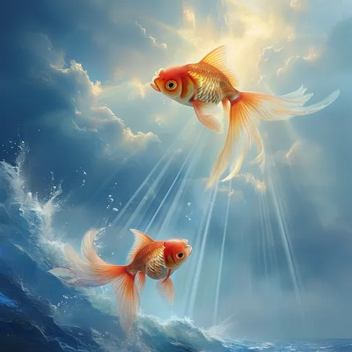 Prompt: (flying bravery), a dying fish soaring gracefully, ethereal ocean backdrop, (heavenly atmosphere) with radiant light beams piercing through soft clouds, colors of soft blues and sparkly whites, tranquil yet poignant, feeling of hope and transcendence, (highly detailed), serene and uplifting ambiance, artful interpretation of resilience in the natural world, (digital art).