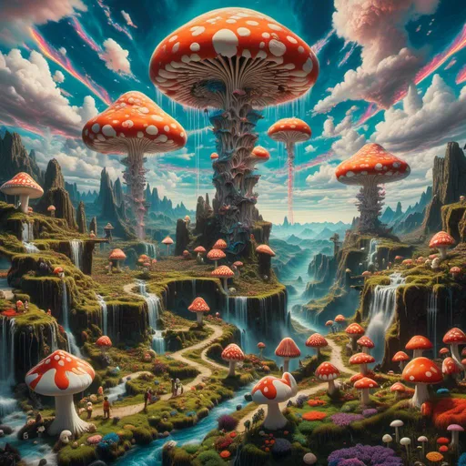 Prompt: <mymodel>Synthetic Landscapes dwarfs eating magic muahrooms