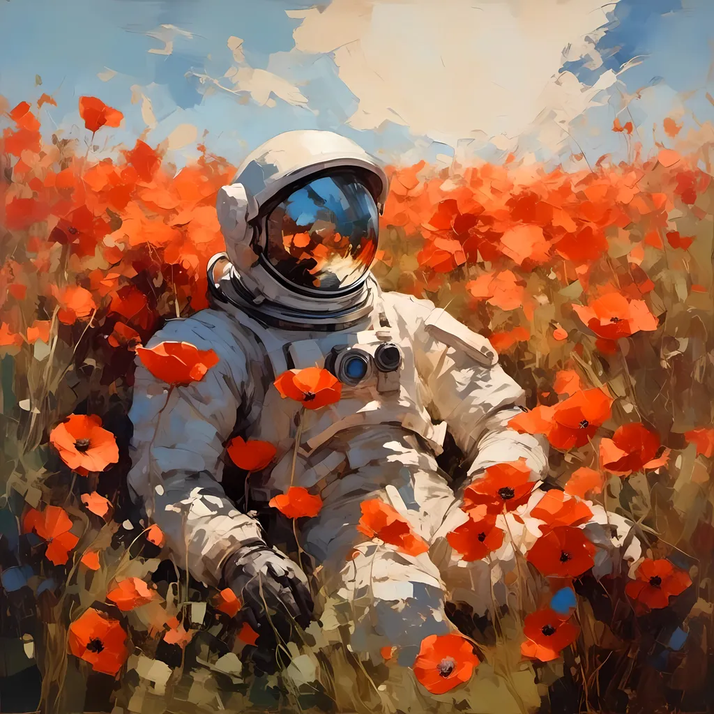 Prompt: <mymodel> an astronaut lying down in a poppy field with the sun shining on him 