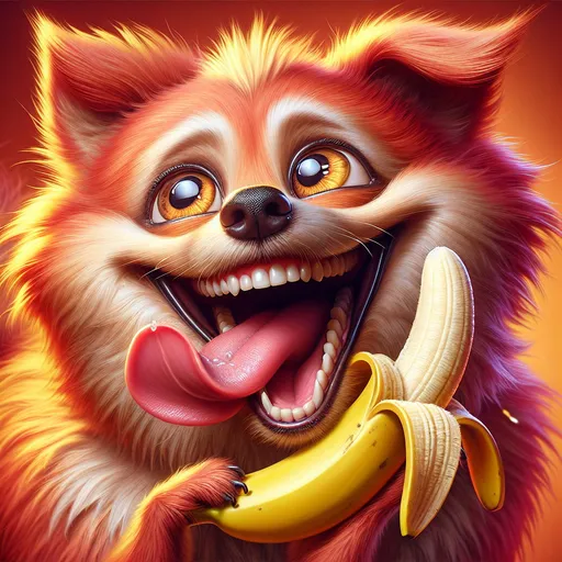 Prompt: Dog eating a banana laighing