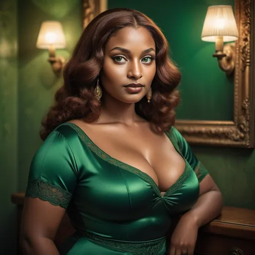 Prompt: Vintage cinematic nightscape of black skin tone, mona lisa, auburn hair, green-eyed, detailed face, bosomy curvy figure, 8K photo, vintage style, intricate details, cinematic lighting, glamorous, iconic,  detailed portrait scene, elegant, vintage, glamorous, 1940s, iconic, cinematic lighting, detailed face, auburn hair, green-eyed, curvy figure, 