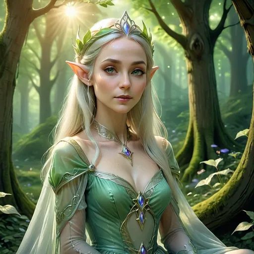 Prompt: Regal elven princess, watching over her kingdom, a trusted maid at her side, translucent clothes, dreamy expression, 