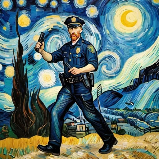 Prompt: Create in the style of the starry night by vincent van gogh a painting a police officer on a foot pursuit.