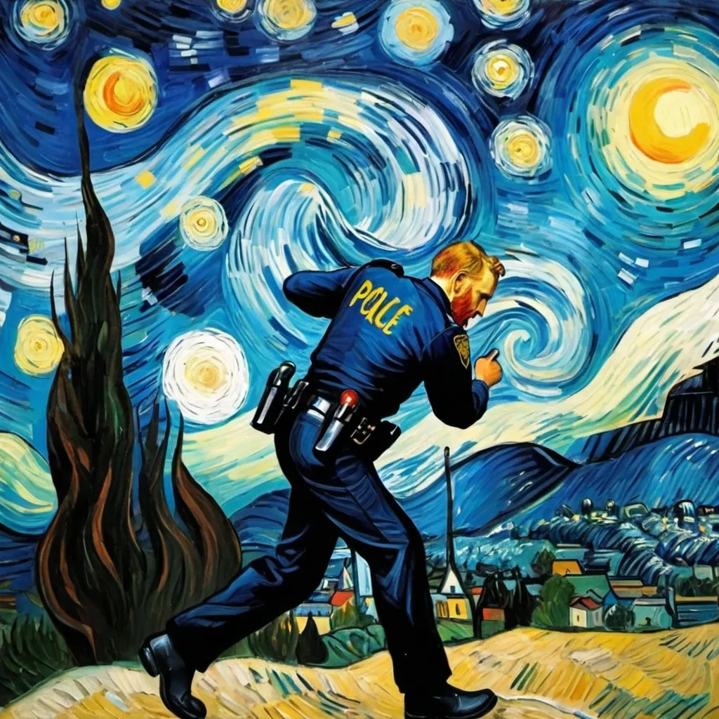 Prompt: Create in the style of the starry night by vincent van gogh a painting a police officer on a foot pursuit.