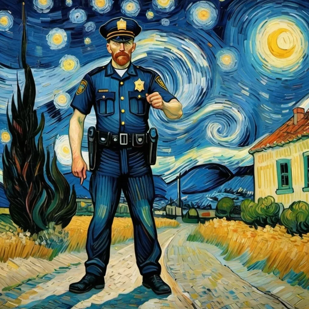 Prompt: Create in the style of the starry night by vincent van gogh a painting a police officer on a foot pursuit.