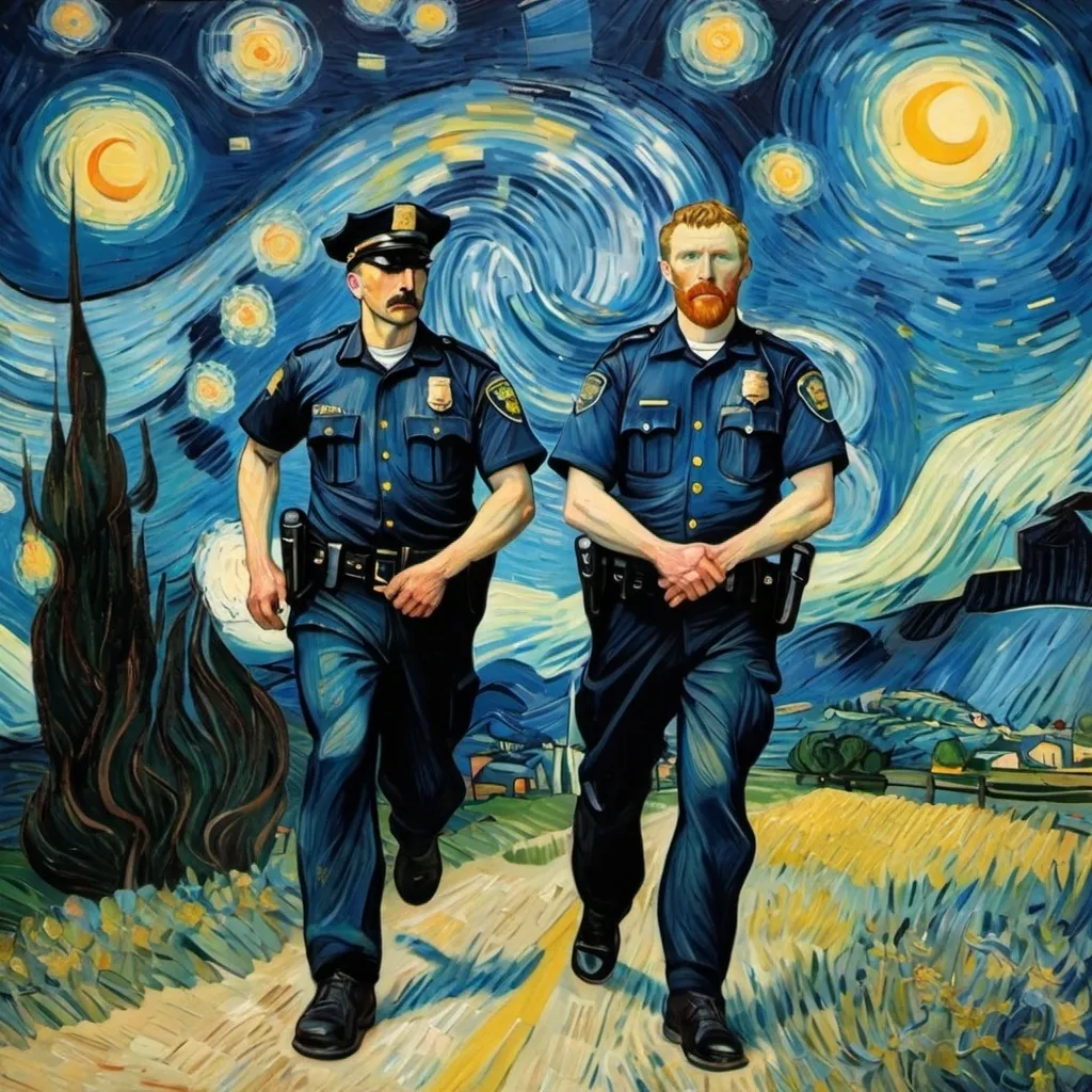 Prompt: Create in the style of the starry night by vincent van gogh a painting a police officer on a foot pursuit.