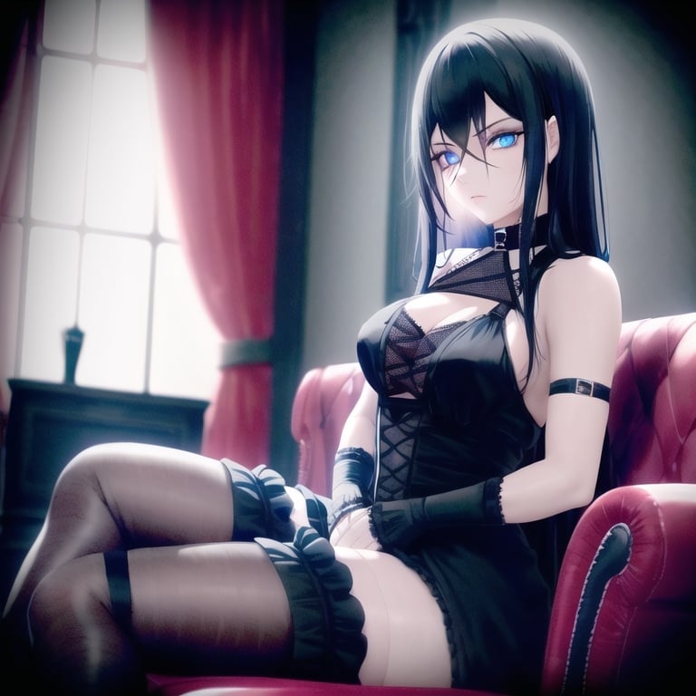 Prompt: Cute defined woman, black hair, blue eyes, gothic inspired clothing, bandages around her arms, somber style, living room background, soft natural lighting, high quality, detailed, somber, gothic, natural lighting, blue eyes, black hair, bandages, living room background, gothic fashion