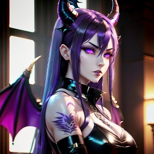 Prompt: Anime style, Tall, muscular female, aubergine purple dragon wings, curved aubergine purple horns, pale gray skin, black hair with blue highlights, deep blue eyes, gothic fashion, gothic arm sleeve, fair skin, sinister lighting, red hotel lobby background, detailed eyes, dragon wings, highres, gothic, sinister, detailed horns, professional, atmospheric lighting